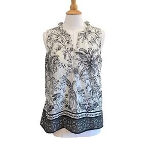 Talbots Black White Ruffle Collar Sleeveless Popover Blouse Tropical Safari L